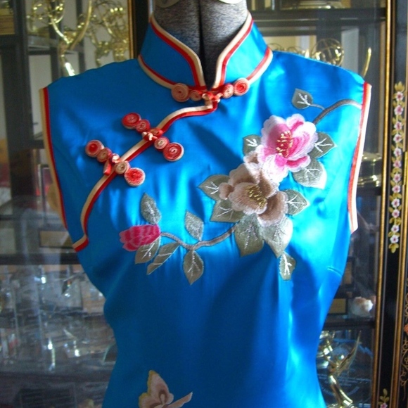 Dresses & Skirts - BLUE CHINESE CHEONGSAM FLORAL EMBROIDERED DRESS 8